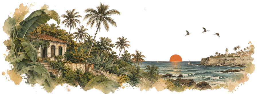 Illustration of a Galle villa among palms, the sun setting over the ocean and the Fort lighthouse